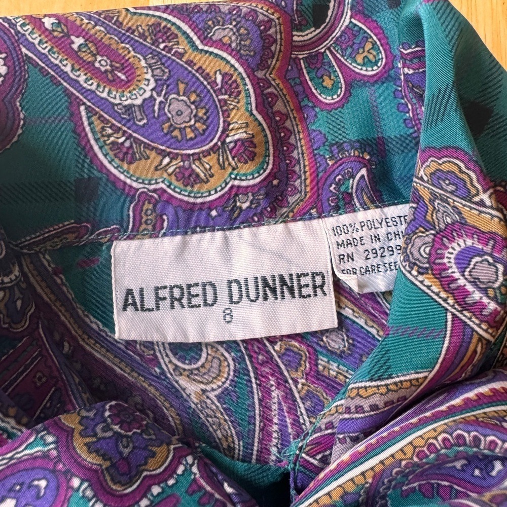 Alfred Dunner Satin Paisley Blouse Green Purple Bow Tie Vintage Top Sz 8 - Picture 9 of 12